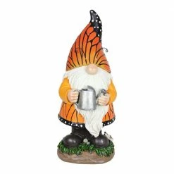 Exhart 6 in. x 12.5 in. Solar Monarch Butterfly Hat with Watering Can Statue, Gnome Garden Statue