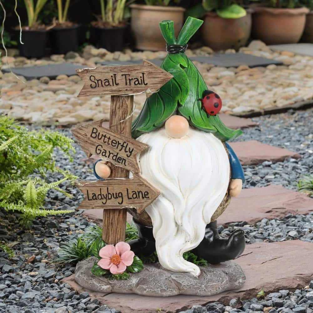 Exhart Solar Hand Painted with Leaf Hat in. x a Street Sign, 7.5 in. x 11 in. Gnome Garden Statue 5 Exhart Solar Hand Painted with Leaf Hat in. x a Street Sign, 7.5 in. x 11 in. Gnome Garden Statue - Image 3