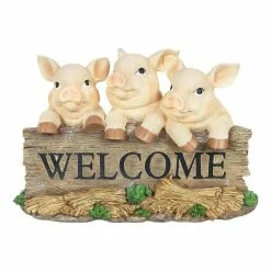Exhart Solar Hand Painted Pigs on a Welcome Log, 12.5 in. x 8 in. Garden Statue
