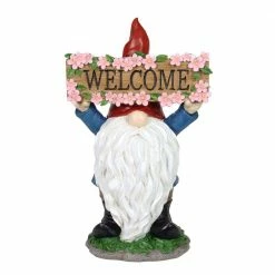 Exhart Solar Hand Painted with a Pink Flowered Welcome Sign, 7 in. x 11.5 in. Gnome Garden Statue