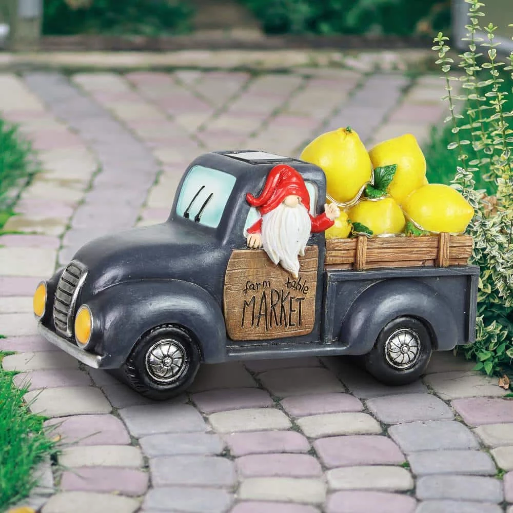 Exhart Solar Hand Painted Driving a Lemon Truck, 10 in. x 6 in. Gnome Garden Statue 5 Exhart Solar Hand Painted Driving a Lemon Truck, 10 in. x 6 in. Gnome Garden Statue - Image 3
