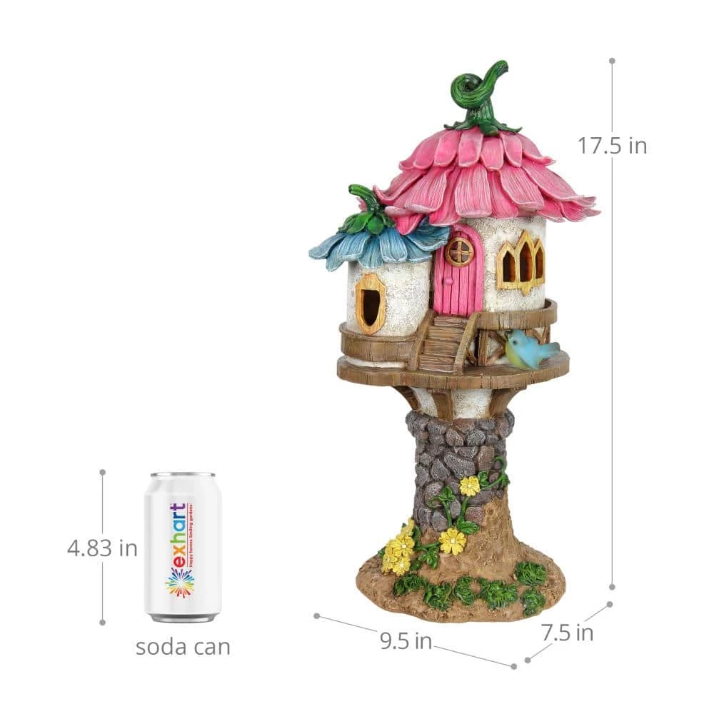 Exhart 17 in. Tall Solar Pink and Blue Flower Roof Fairy House, Garden Statue 7 Exhart 17 in. Tall Solar Pink and Blue Flower Roof Fairy House, Garden Statue - Image 5