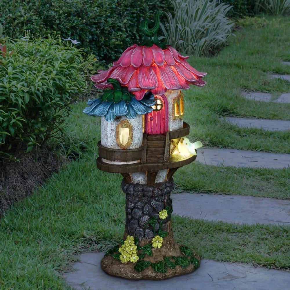 Exhart 17 in. Tall Solar Pink and Blue Flower Roof Fairy House, Garden Statue 11 Exhart 17 in. Tall Solar Pink and Blue Flower Roof Fairy House, Garden Statue - Image 9