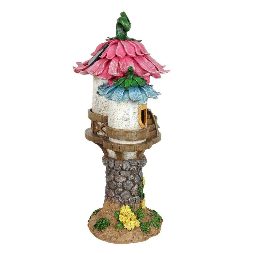 Exhart 17 in. Tall Solar Pink and Blue Flower Roof Fairy House, Garden Statue 4 Exhart 17 in. Tall Solar Pink and Blue Flower Roof Fairy House, Garden Statue - Image 2