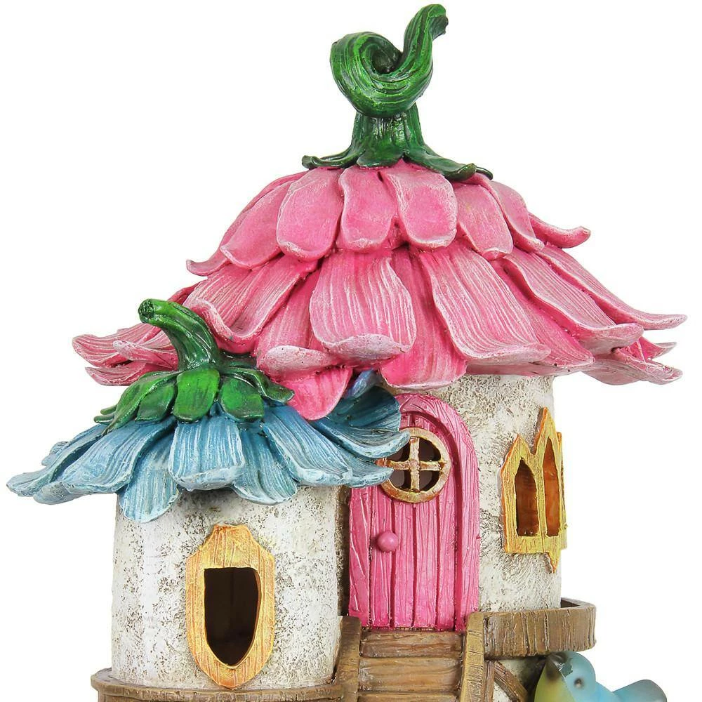 Exhart 17 in. Tall Solar Pink and Blue Flower Roof Fairy House, Garden Statue 6 Exhart 17 in. Tall Solar Pink and Blue Flower Roof Fairy House, Garden Statue - Image 4