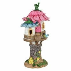Exhart 17 in. Tall Solar Pink and Blue Flower Roof Fairy House, Garden Statue