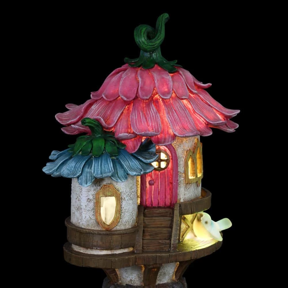 Exhart 17 in. Tall Solar Pink and Blue Flower Roof Fairy House, Garden Statue 10 Exhart 17 in. Tall Solar Pink and Blue Flower Roof Fairy House, Garden Statue - Image 8