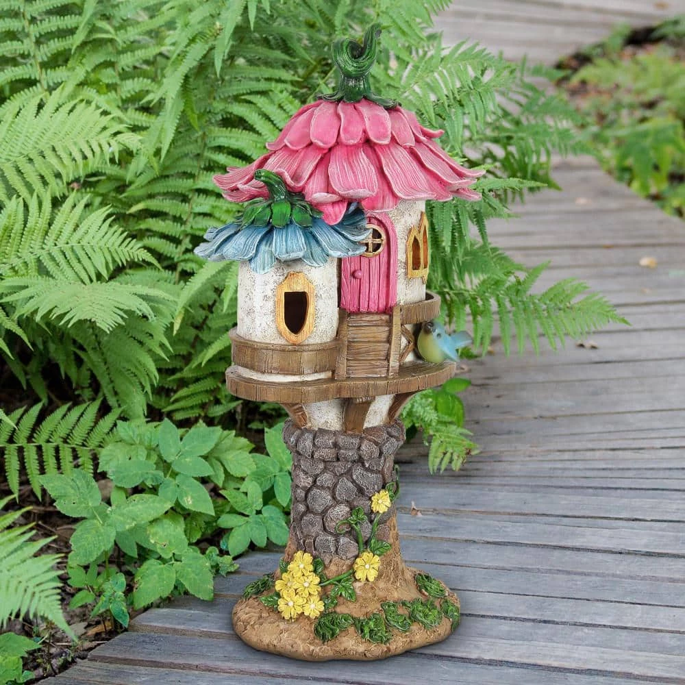 Exhart 17 in. Tall Solar Pink and Blue Flower Roof Fairy House, Garden Statue 5 Exhart 17 in. Tall Solar Pink and Blue Flower Roof Fairy House, Garden Statue - Image 3