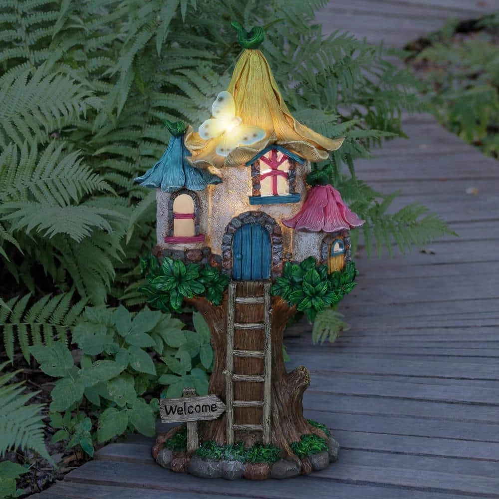 Exhart Solar Pastel Fairy Tree House with Lily Roof and Ladder, 9 in. x 17.5 in. Garden Statue 12 Exhart Solar Pastel Fairy Tree House with Lily Roof and Ladder, 9 in. x 17.5 in. Garden Statue - Image 10