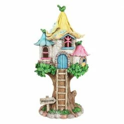 Exhart Solar Pastel Fairy Tree House with Lily Roof and Ladder, 9 in. x 17.5 in. Garden Statue