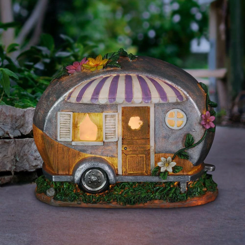Exhart Solar Hand Painted Camping Trailer with Lavender Awning and Welcome Sign, 5 in. x 6.5 in. Garden Statue 12 Exhart Solar Hand Painted Camping Trailer with Lavender Awning and Welcome Sign, 5 in. x 6.5 in. Garden Statue - Image 10