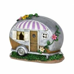 Exhart Solar Hand Painted Camping Trailer with Lavender Awning and Welcome Sign, 5 in. x 6.5 in. Garden Statue