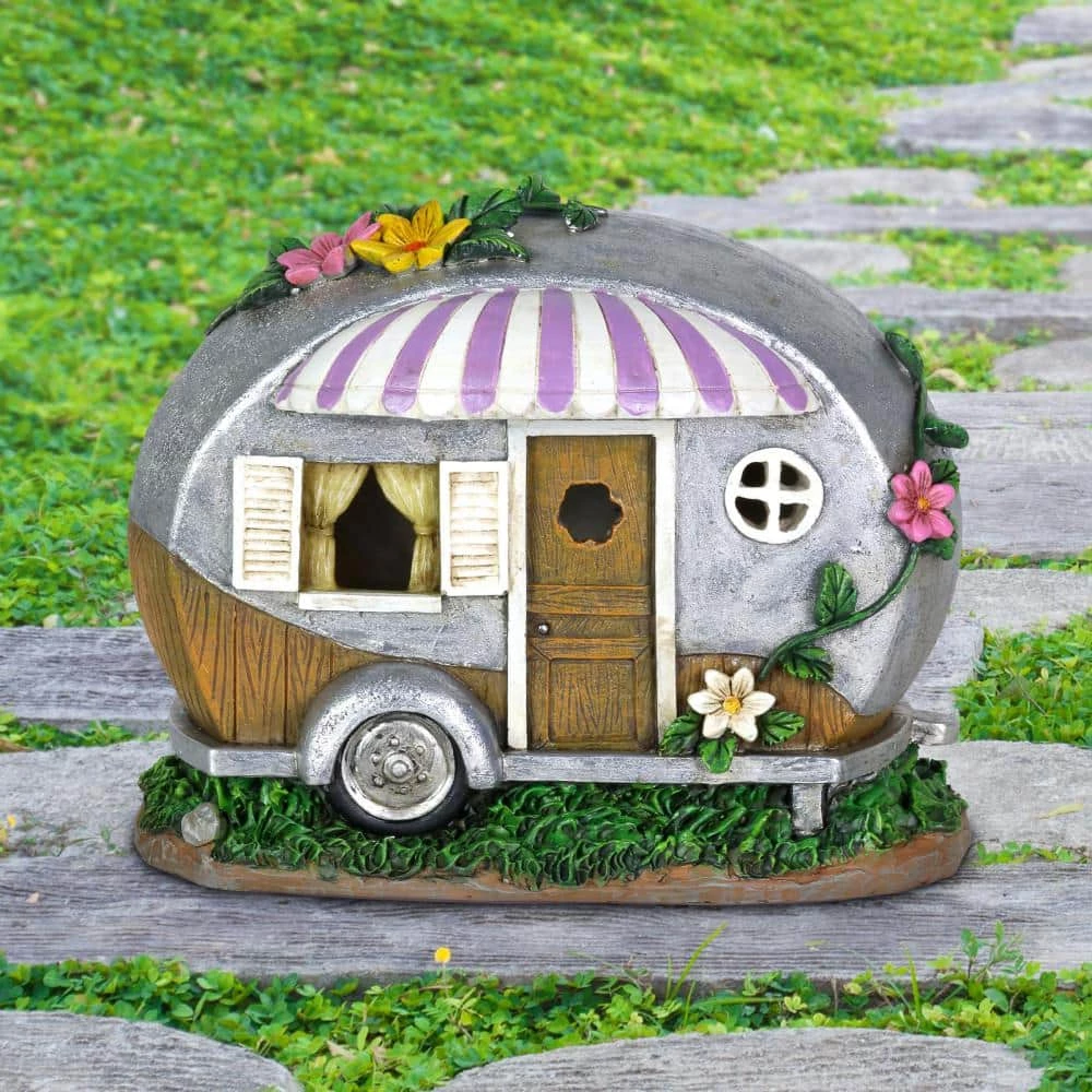 Exhart Solar Hand Painted Camping Trailer with Lavender Awning and Welcome Sign, 5 in. x 6.5 in. Garden Statue 6 Exhart Solar Hand Painted Camping Trailer with Lavender Awning and Welcome Sign, 5 in. x 6.5 in. Garden Statue - Image 4