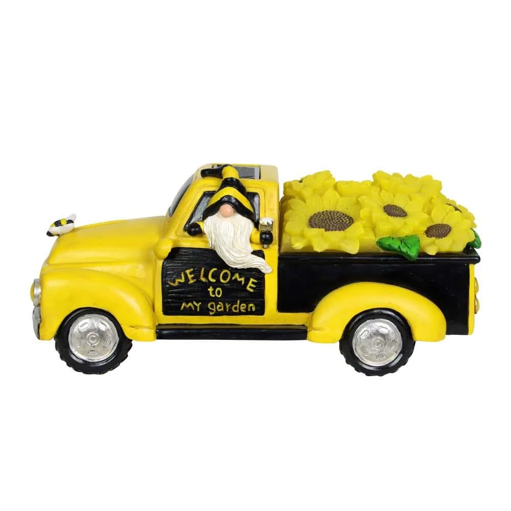 Exhart Solar Hand Painted Beekeeper in a Yellow Sunflower Truck, 11 in. x 5 in. Gnome Garden Statue 3 Exhart Solar Hand Painted Beekeeper in a Yellow Sunflower Truck, 11 in. x 5 in. Gnome Garden Statue