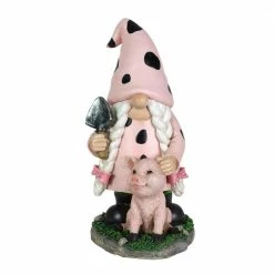 Exhart 6 in. x 10 in. Solar Lady with Pink Print and Piglet, Gnome Garden Statue