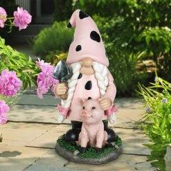 Exhart 6 in. x 10 in. Solar Lady with Pink Print and Piglet, Gnome Garden Statue -Cheap Good Directions Store exhart garden statues 73993 rs c3 1000