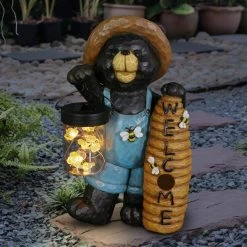 Exhart Solar Hand Painted Country Bear with Lantern Jar of LED Fireflies and Welcome Beehive, 7.5 in. x 12.5 in. Garden Statue -Cheap Good Directions Store exhart garden statues 74002 rs 31 1000