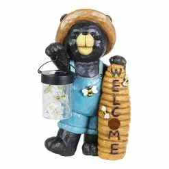 Exhart Solar Hand Painted Country Bear with Lantern Jar of LED Fireflies and Welcome Beehive, 7.5 in. x 12.5 in. Garden Statue
