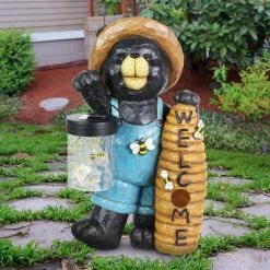 Exhart Solar Hand Painted Country Bear with Lantern Jar of LED Fireflies and Welcome Beehive, 7.5 in. x 12.5 in. Garden Statue -Cheap Good Directions Store exhart garden statues 74002 rs c3 1000