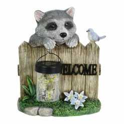 Exhart Solar Hand Painted Raccoon with a Lantern Jar of LED Fireflies by a Welcome Fence, 9 in. x 10.5 in. Garden Statue