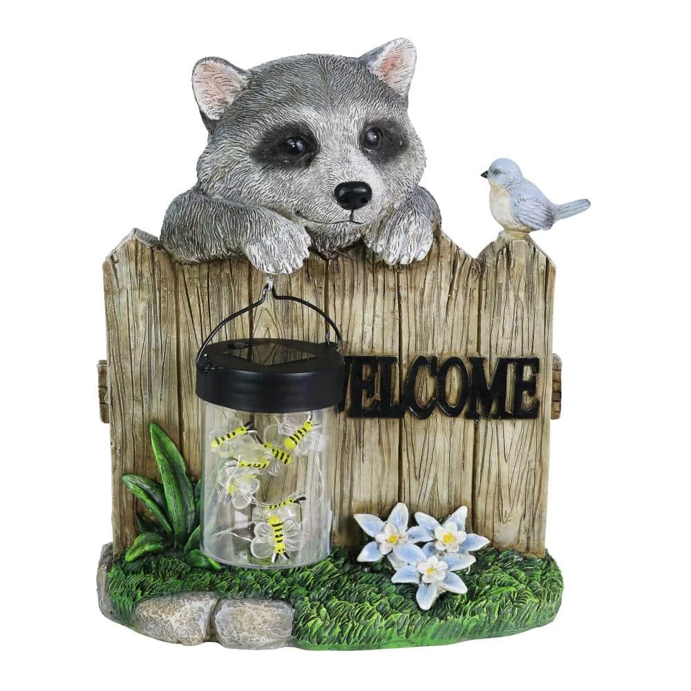 Exhart Solar Hand Painted Raccoon with a Lantern Jar of LED Fireflies by a Welcome Fence, 9 in. x 10.5 in. Garden Statue 3 Exhart Solar Hand Painted Raccoon with a Lantern Jar of LED Fireflies by a Welcome Fence, 9 in. x 10.5 in. Garden Statue
