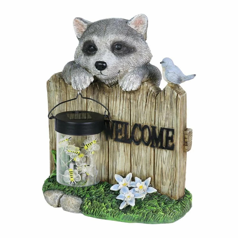 Exhart Solar Hand Painted Raccoon with a Lantern Jar of LED Fireflies by a Welcome Fence, 9 in. x 10.5 in. Garden Statue 8 Exhart Solar Hand Painted Raccoon with a Lantern Jar of LED Fireflies by a Welcome Fence, 9 in. x 10.5 in. Garden Statue - Image 6