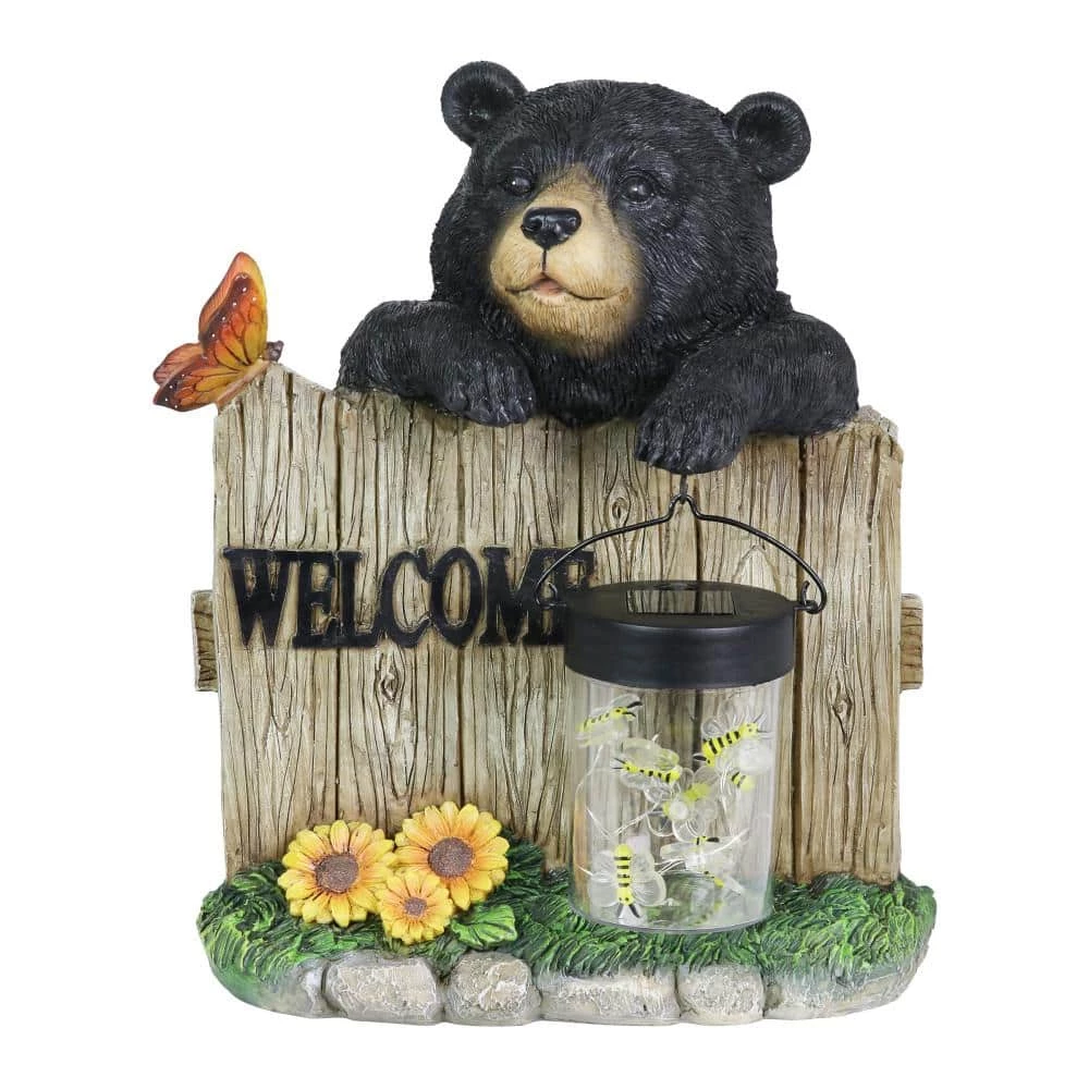 Exhart Solar Hand Painted Bear with a Lantern Jar of LED Fireflies by a Welcome Fence, 9.5 in. x 11 in. Garden Statue 3 Exhart Solar Hand Painted Bear with a Lantern Jar of LED Fireflies by a Welcome Fence, 9.5 in. x 11 in. Garden Statue