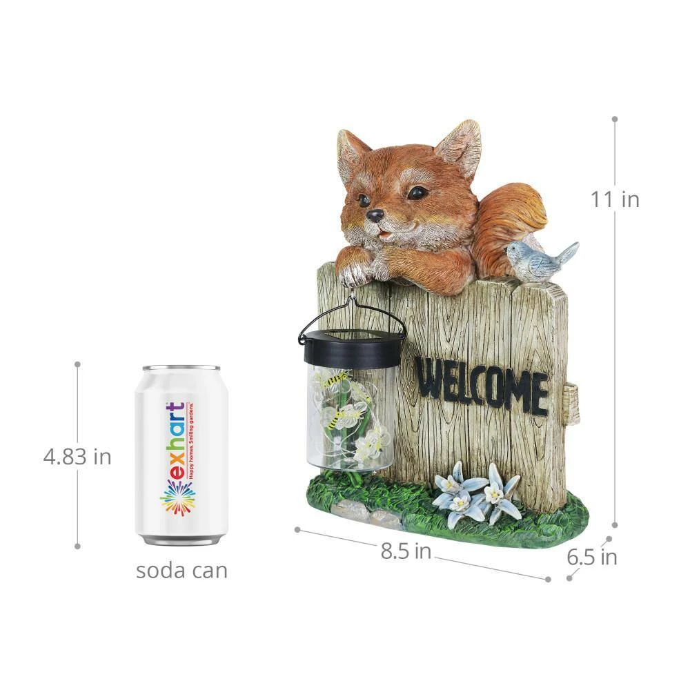 Exhart Solar Hand Painted Fox with a Lantern Jar of LED Fireflies by a Welcome Fence, 8.5 in. x 11 in. Garden Statue 7 Exhart Solar Hand Painted Fox with a Lantern Jar of LED Fireflies by a Welcome Fence, 8.5 in. x 11 in. Garden Statue - Image 5