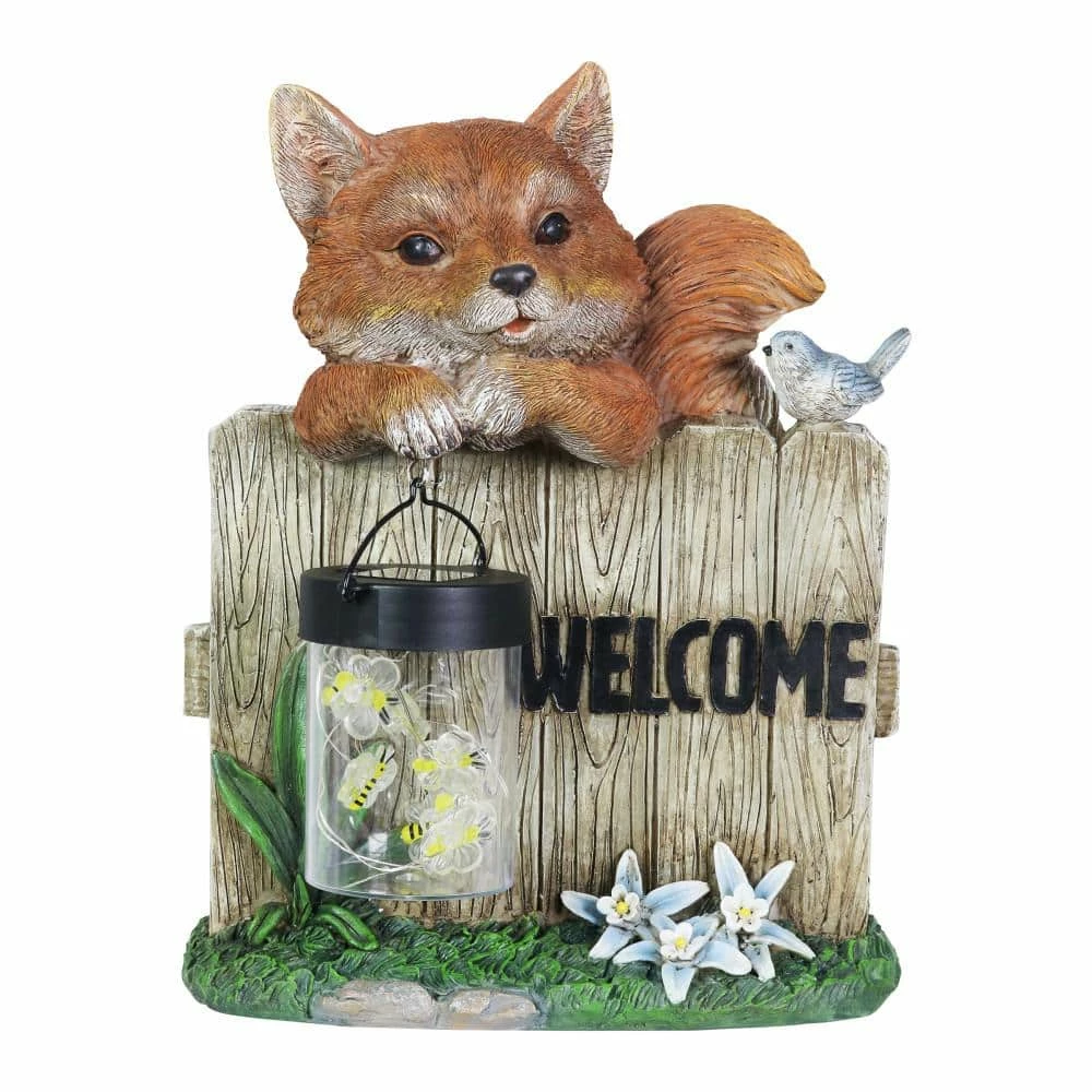 Exhart Solar Hand Painted Fox with a Lantern Jar of LED Fireflies by a Welcome Fence, 8.5 in. x 11 in. Garden Statue 3 Exhart Solar Hand Painted Fox with a Lantern Jar of LED Fireflies by a Welcome Fence, 8.5 in. x 11 in. Garden Statue