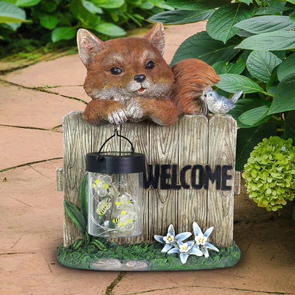 Exhart Solar Hand Painted Fox with a Lantern Jar of LED Fireflies by a Welcome Fence, 8.5 in. x 11 in. Garden Statue 5 Exhart Solar Hand Painted Fox with a Lantern Jar of LED Fireflies by a Welcome Fence, 8.5 in. x 11 in. Garden Statue - Image 3