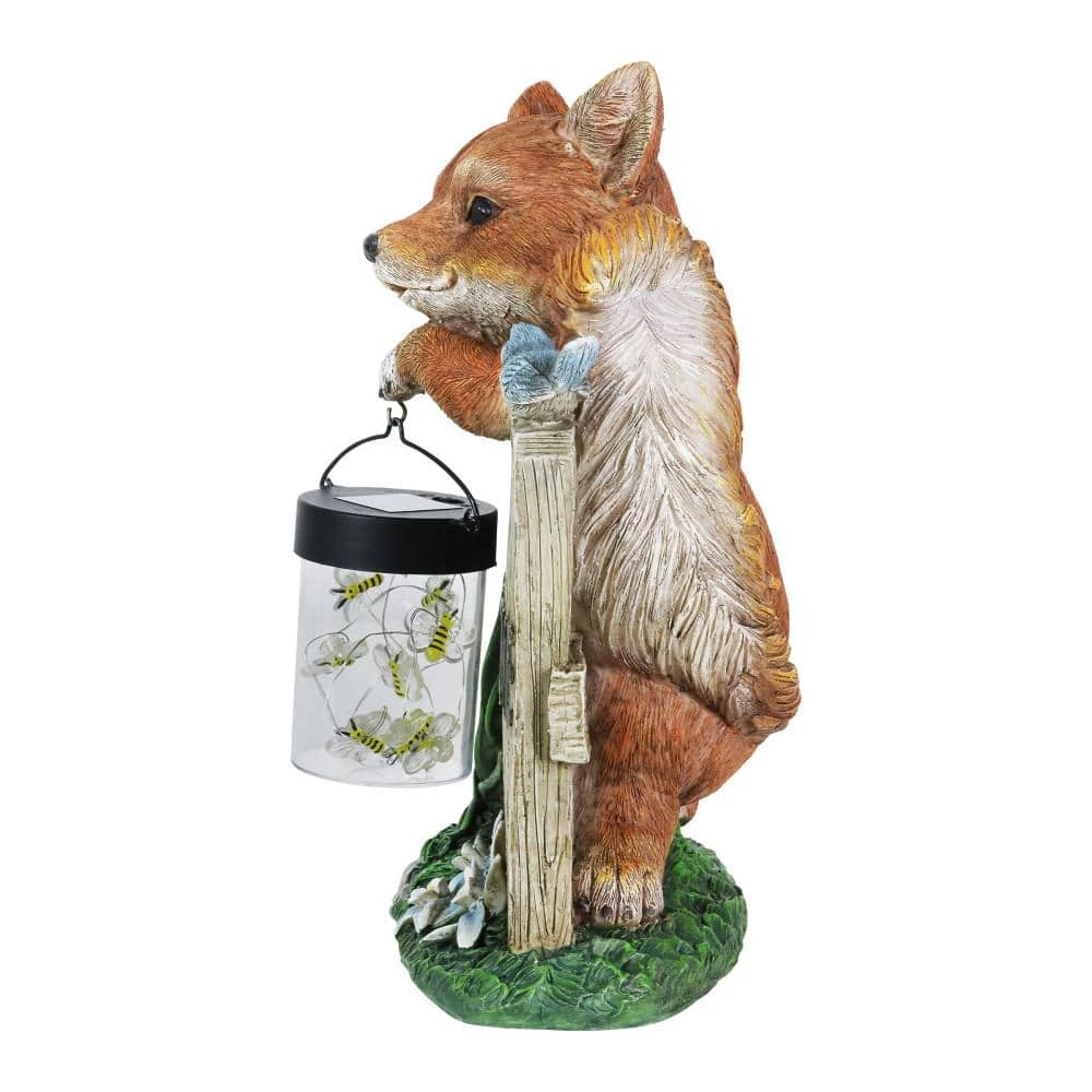 Exhart Solar Hand Painted Fox with a Lantern Jar of LED Fireflies by a Welcome Fence, 8.5 in. x 11 in. Garden Statue 4 Exhart Solar Hand Painted Fox with a Lantern Jar of LED Fireflies by a Welcome Fence, 8.5 in. x 11 in. Garden Statue - Image 2