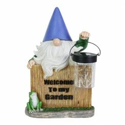 Exhart Solar Hand Painted with a Lantern Jar of LED Fireflies by a Welcome Fence, 8.5 in. x 12.5 in. Gnome Garden Statue