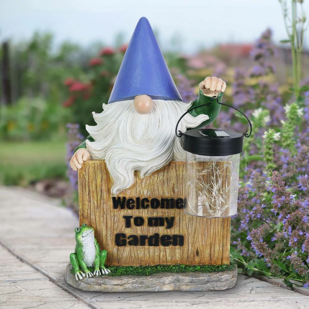 Exhart Solar Hand Painted with a Lantern Jar of LED Fireflies by a Welcome Fence, 8.5 in. x 12.5 in. Gnome Garden Statue 5 Exhart Solar Hand Painted with a Lantern Jar of LED Fireflies by a Welcome Fence, 8.5 in. x 12.5 in. Gnome Garden Statue - Image 3