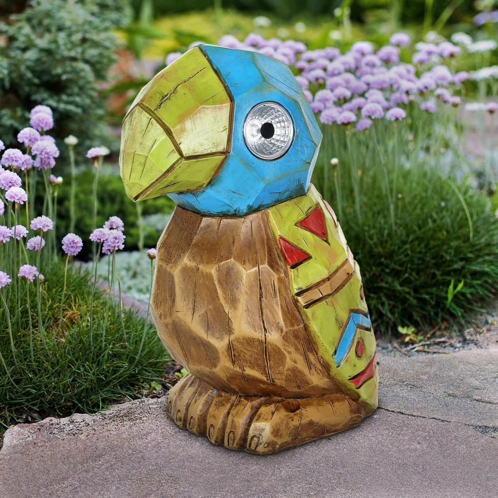 Exhart Solar Blue Tiki Parrot with LED Eyes, 8 in. x 10 in. Garden Statue 5 Exhart Solar Blue Tiki Parrot with LED Eyes, 8 in. x 10 in. Garden Statue - Image 3