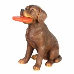 Exhart Solar Chocolate Labrador Retriever Dog with LED Frisbee, 14 in. tall Garden Statue