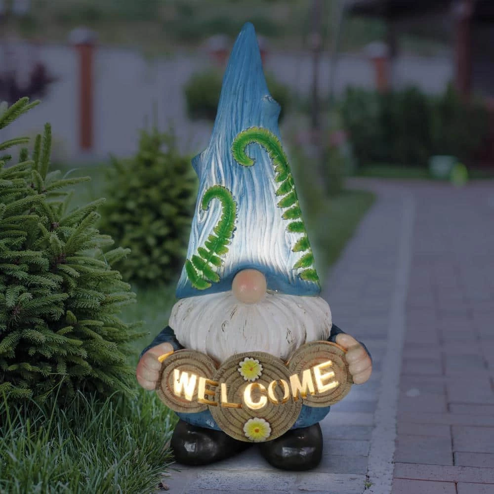 Exhart 6.5 in. x 12 in. Solar Hand Painted Blue Hat with Vines with Welcome Log, Gnome Garden Statue 11 Exhart 6.5 in. x 12 in. Solar Hand Painted Blue Hat with Vines with Welcome Log, Gnome Garden Statue - Image 9