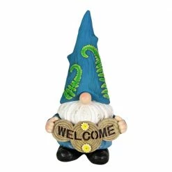 Exhart 6.5 in. x 12 in. Solar Hand Painted Blue Hat with Vines with Welcome Log, Gnome Garden Statue