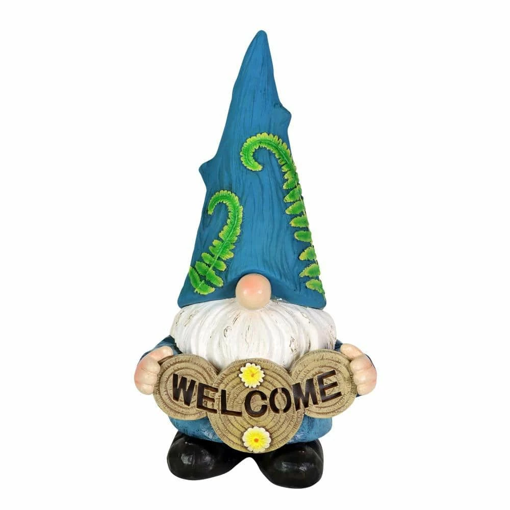 Exhart 6.5 in. x 12 in. Solar Hand Painted Blue Hat with Vines with Welcome Log, Gnome Garden Statue 3 Exhart 6.5 in. x 12 in. Solar Hand Painted Blue Hat with Vines with Welcome Log, Gnome Garden Statue