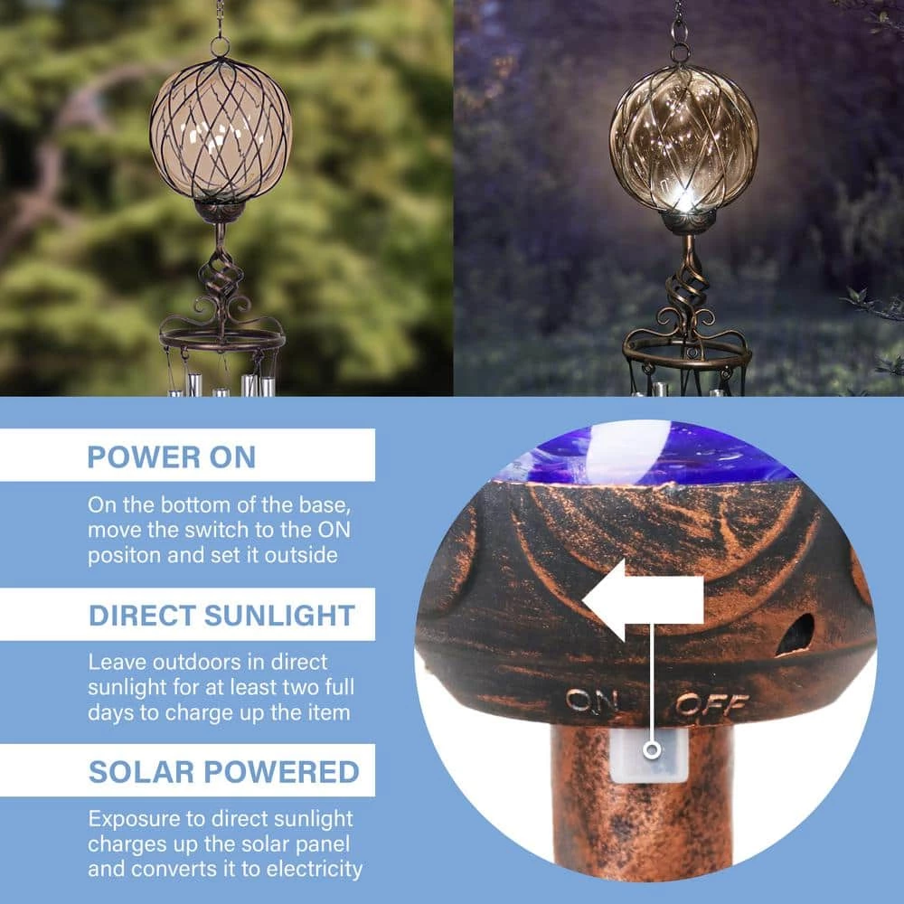 Exhart Solar Caged Amber Ball Metal and Glass Wind Chimes 5 Exhart Solar Caged Amber Ball Metal and Glass Wind Chimes - Image 3