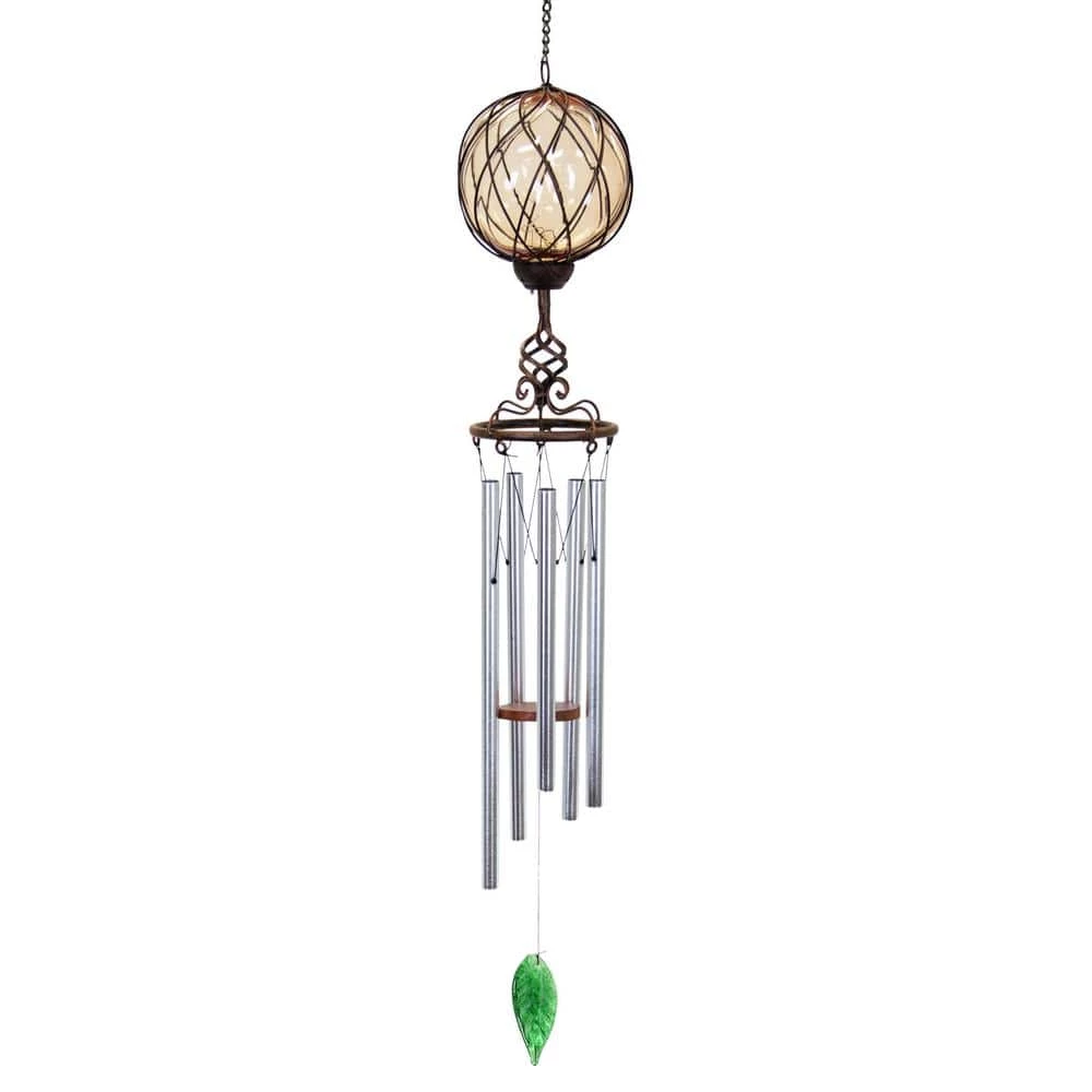 Exhart Solar Caged Amber Ball Metal and Glass Wind Chimes 3 Exhart Solar Caged Amber Ball Metal and Glass Wind Chimes
