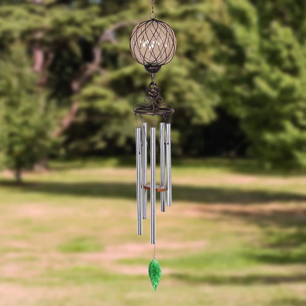 Exhart Solar Caged Amber Ball Metal and Glass Wind Chimes 4 Exhart Solar Caged Amber Ball Metal and Glass Wind Chimes - Image 2