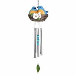 Exhart Nesting Blue Birds with Flowers Hand Painted, 6 in. x 28 in. Resin Wind Chimes