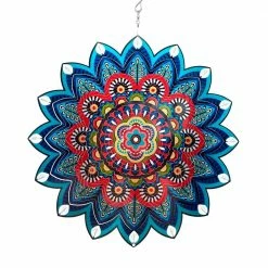 Exhart 12 in. Laser Cut Colorful Mandala with Beaded Details, Metal Spinner