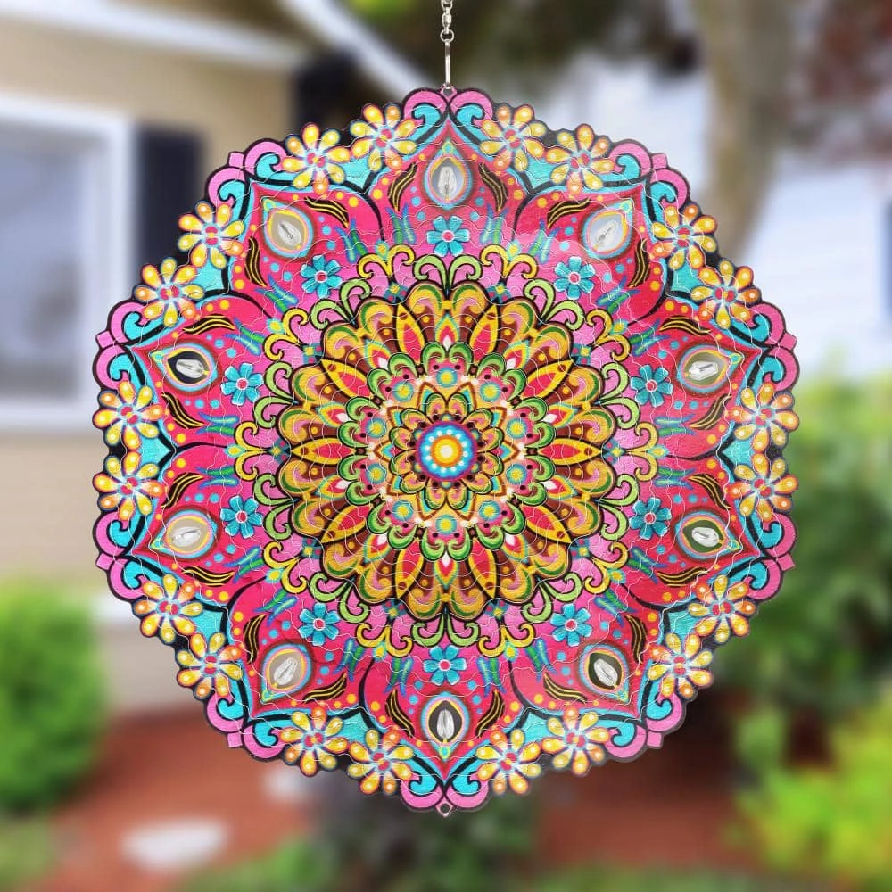 Exhart 12 in. Laser Cut Colorful Daisy Mandala with Beaded Details, Metal Spinner 10 Exhart 12 in. Laser Cut Colorful Daisy Mandala with Beaded Details, Metal Spinner - Image 8