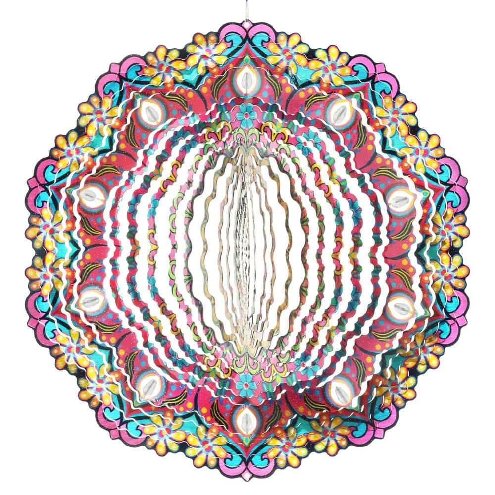 Exhart 12 in. Laser Cut Colorful Daisy Mandala with Beaded Details, Metal Spinner 7 Exhart 12 in. Laser Cut Colorful Daisy Mandala with Beaded Details, Metal Spinner - Image 5