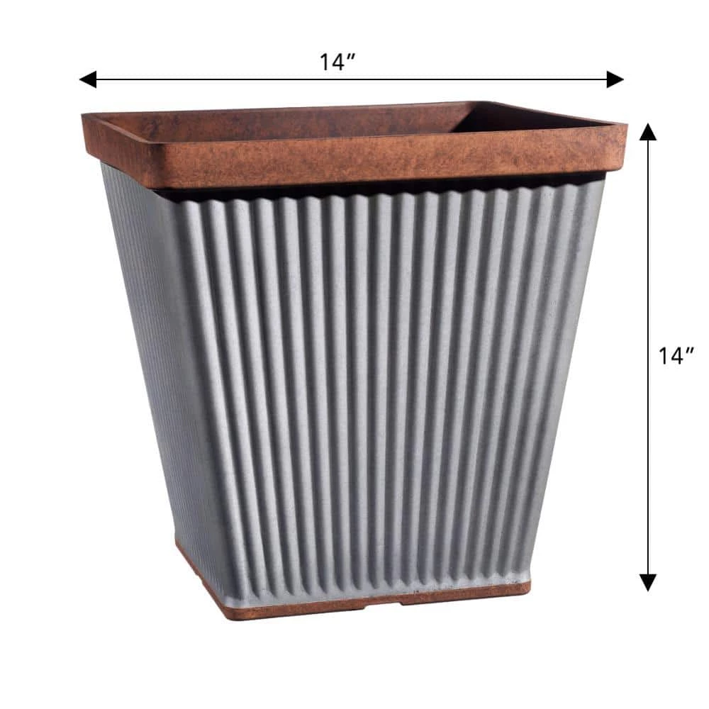 Classic Home & Garden Spokane 14 in. Galvanized Resin Square Planter with Copper Rim 5 Classic Home & Garden Spokane 14 in. Galvanized Resin Square Planter with Copper Rim - Image 3