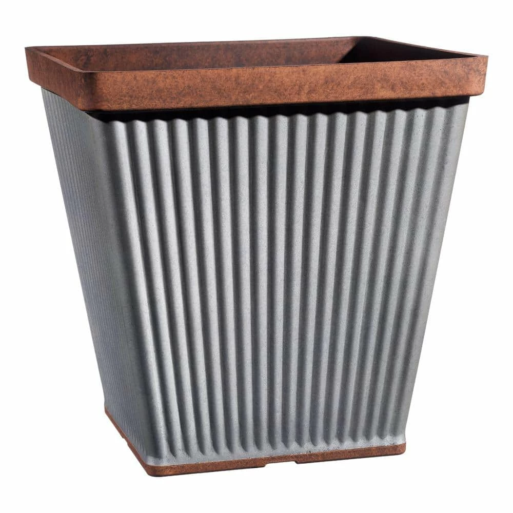 Classic Home & Garden Spokane 14 in. Galvanized Resin Square Planter with Copper Rim 3 Classic Home & Garden Spokane 14 in. Galvanized Resin Square Planter with Copper Rim