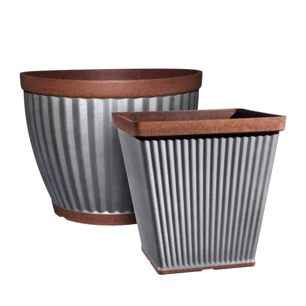 Classic Home & Garden Spokane 16 in. Galvanized Resin Planter with Copper Rim 6 Classic Home & Garden Spokane 16 in. Galvanized Resin Planter with Copper Rim - Image 4