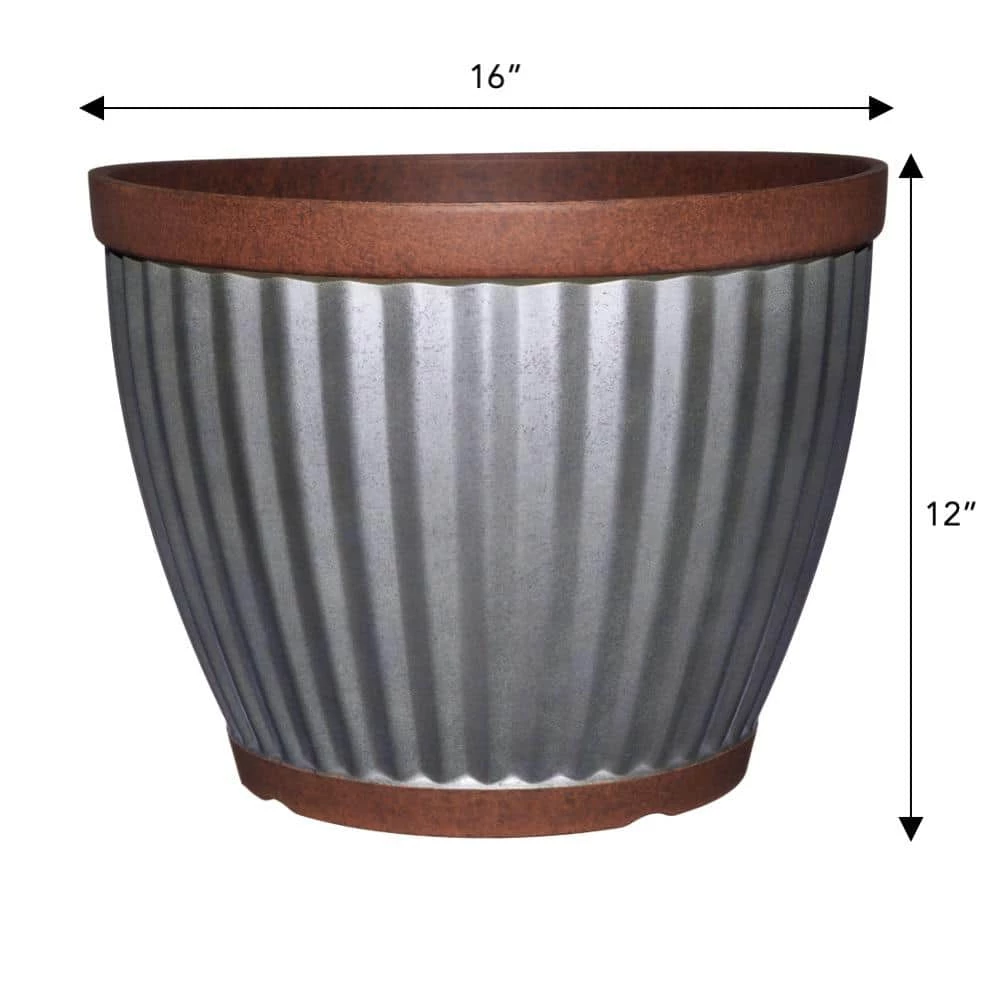Classic Home & Garden Spokane 16 in. Galvanized Resin Planter with Copper Rim 5 Classic Home & Garden Spokane 16 in. Galvanized Resin Planter with Copper Rim - Image 3
