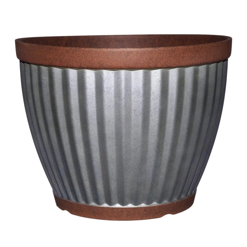 Classic Home & Garden Spokane 16 in. Galvanized Resin Planter with Copper Rim 3 Classic Home & Garden Spokane 16 in. Galvanized Resin Planter with Copper Rim